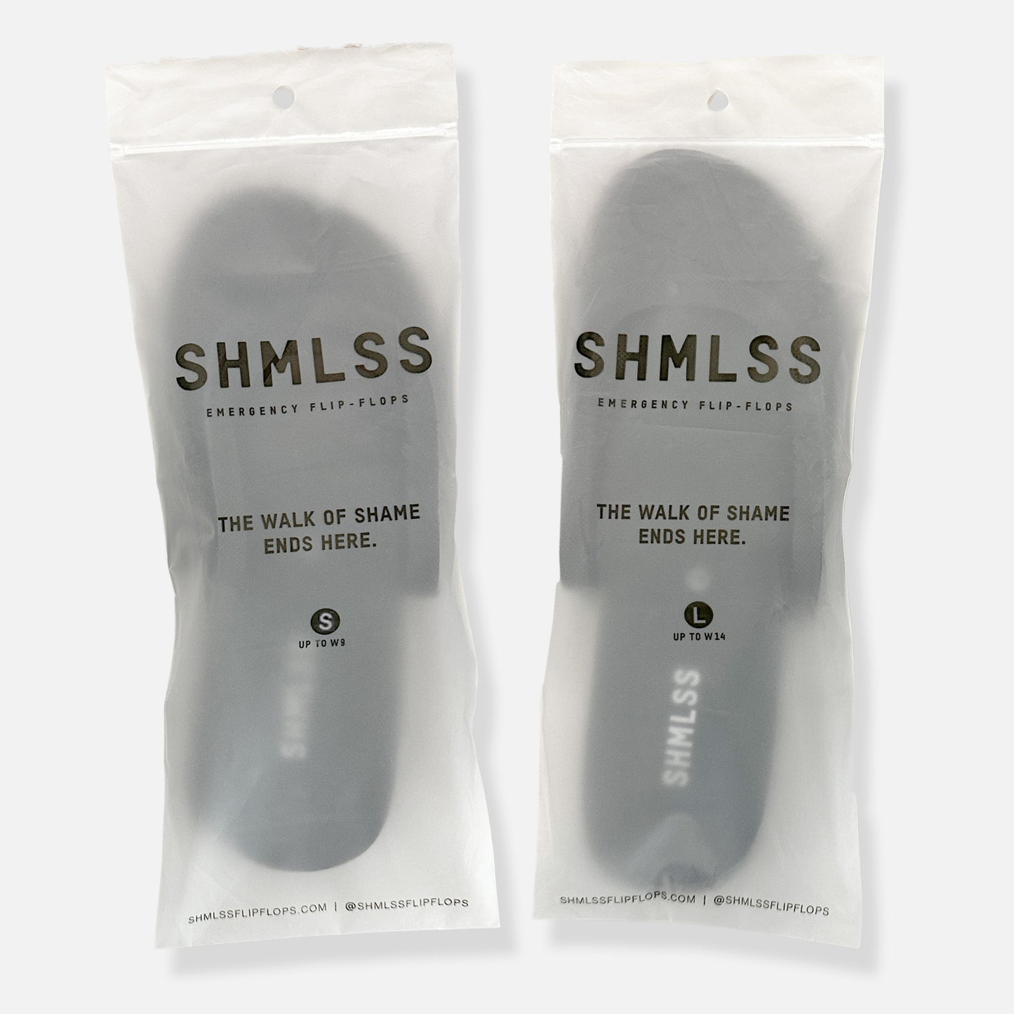 SHMLSS™ foldable flip-flops packaged in resealable hang tag clutch-sized bag