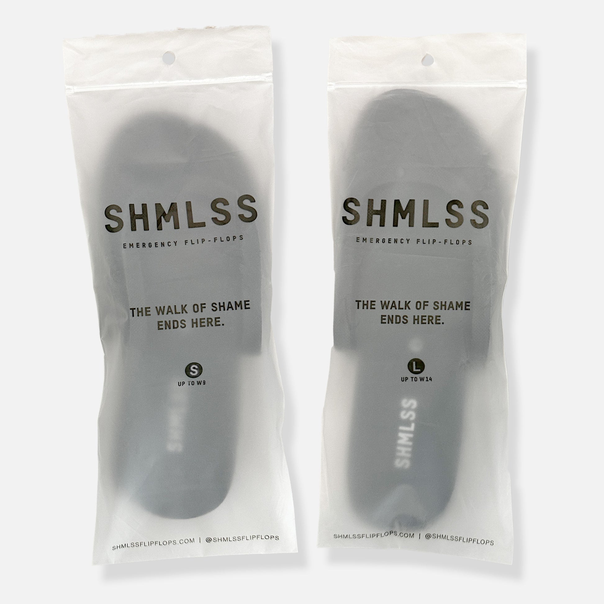 SHMLSS™ foldable flip-flops packaged in resealable hang tag clutch-sized bag