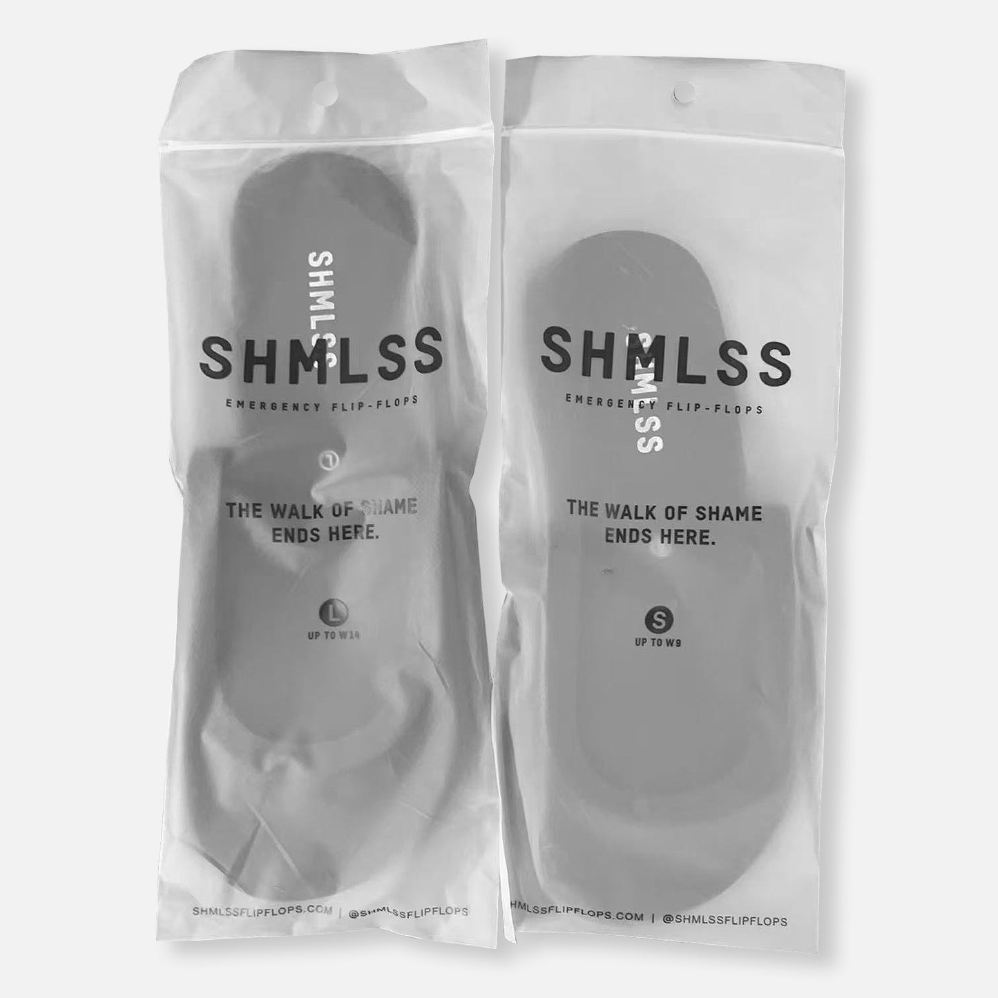 SHMLSS™ foldable flip-flops packaged in resealable hang tag clutch-sized bag